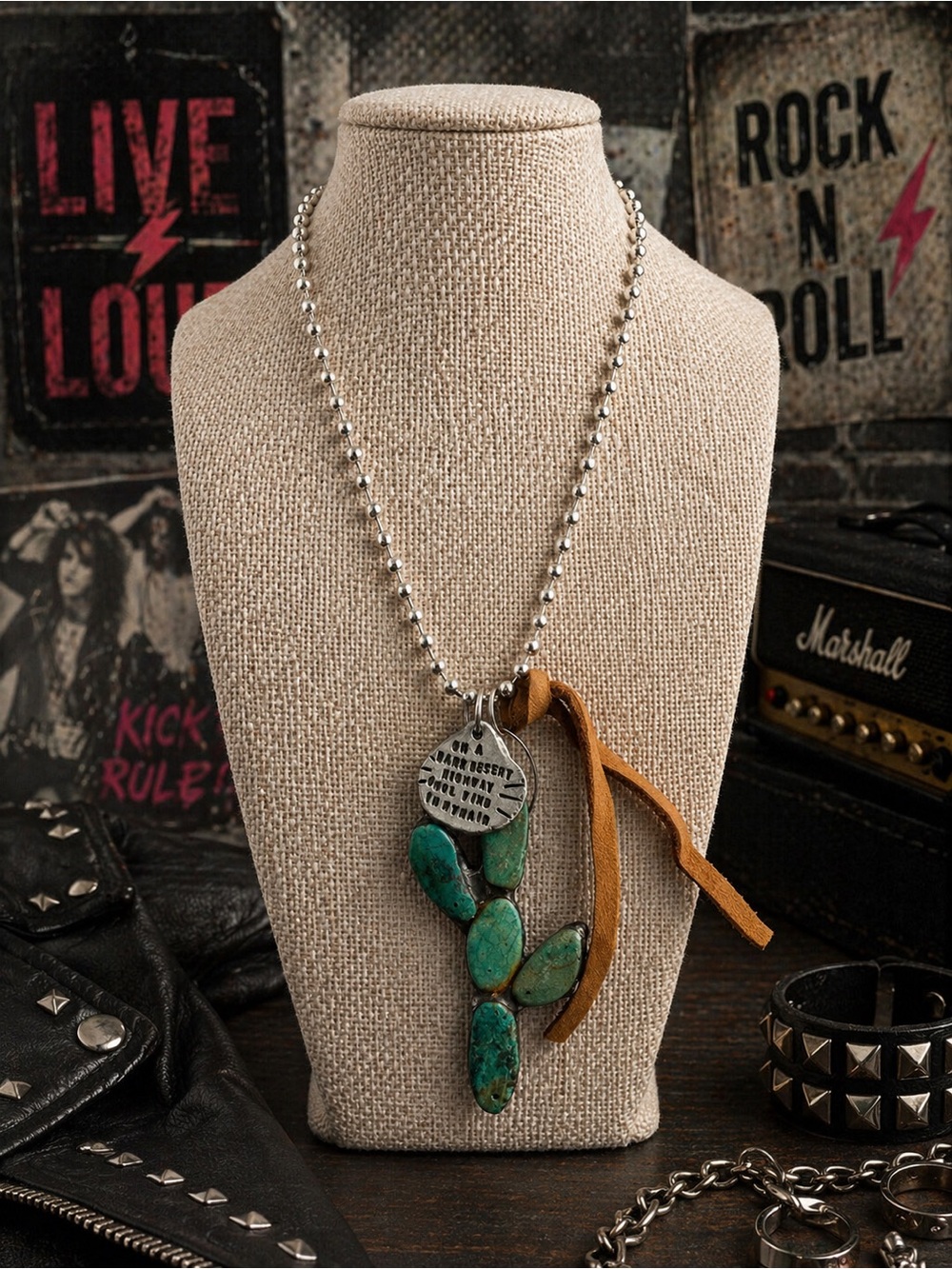 Turquoise Cactus Pendant Necklace with Leather Tie - Women Jewelry